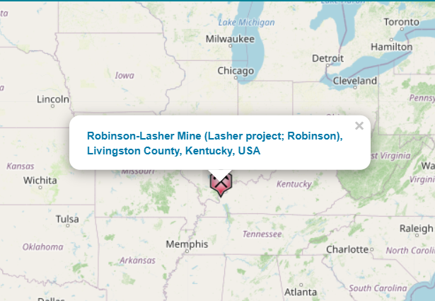 Map of the eastern United States highlighting the Robinson-Lasher Mine location in Livingston County, Kentucky.